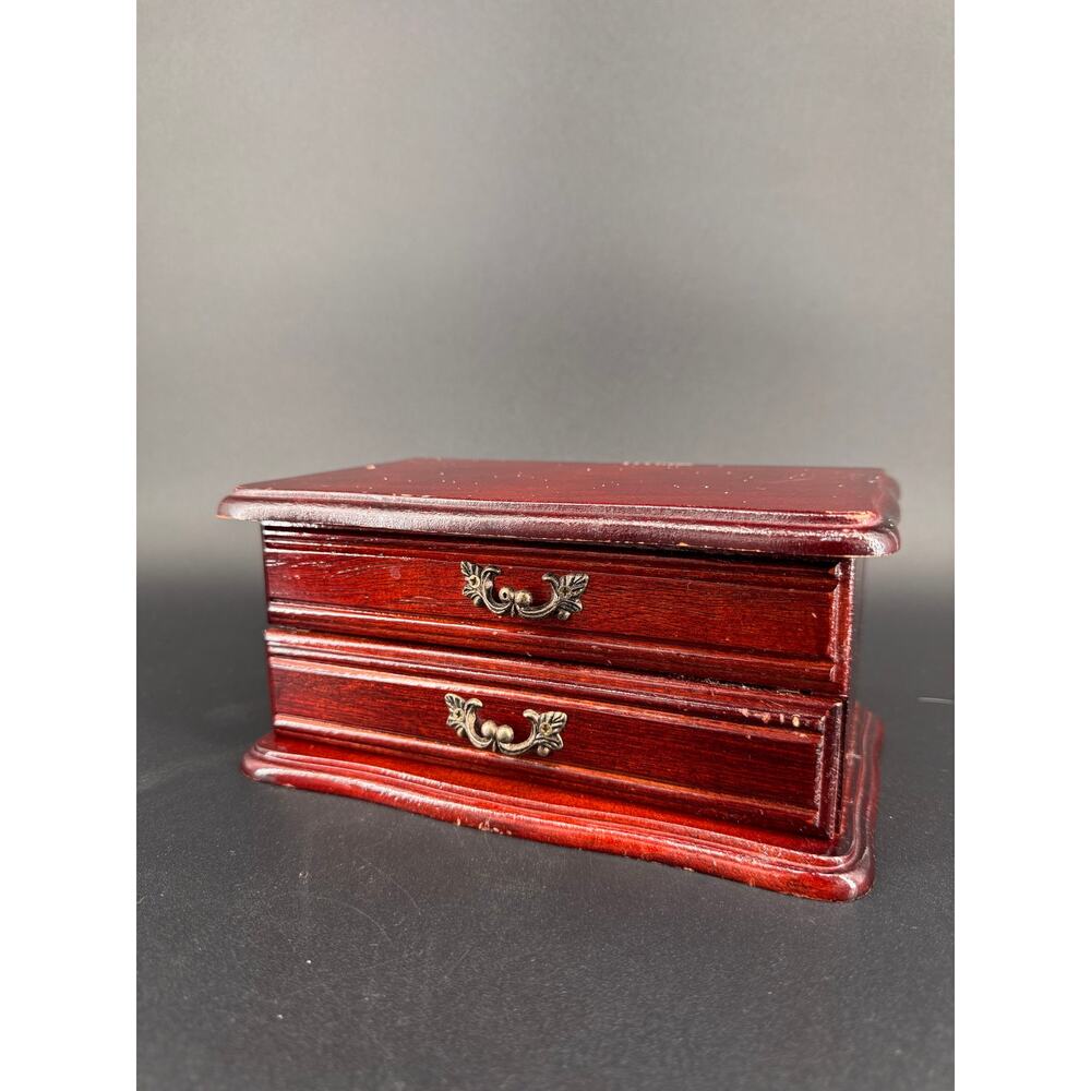Vintage Wooden Jewelry Box w Drawer Mirror Mahogany Ring Organizer Storage